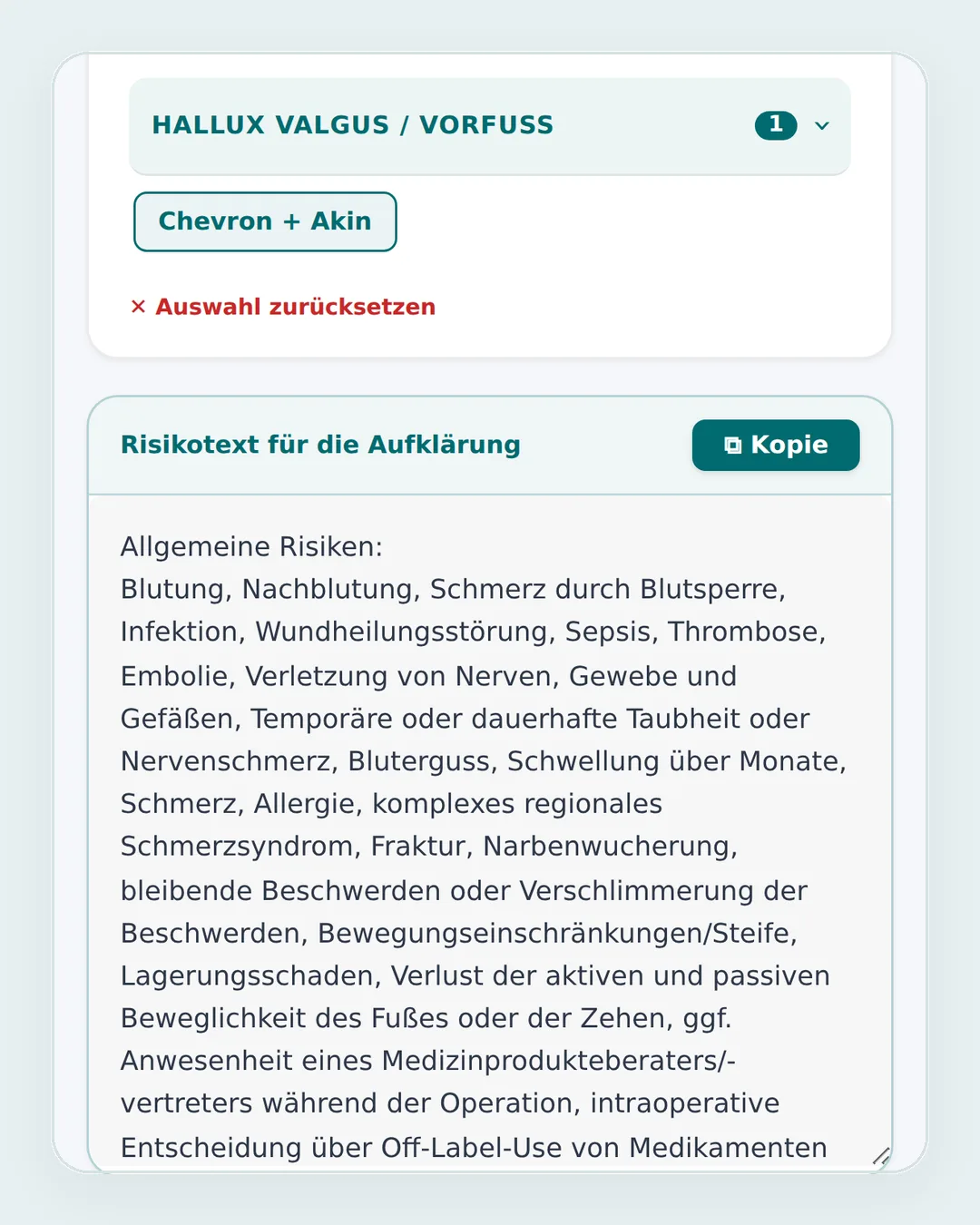 Aufklärungstexte: gewählter Eingriff Chevron plus Akin und generierte Risikoliste