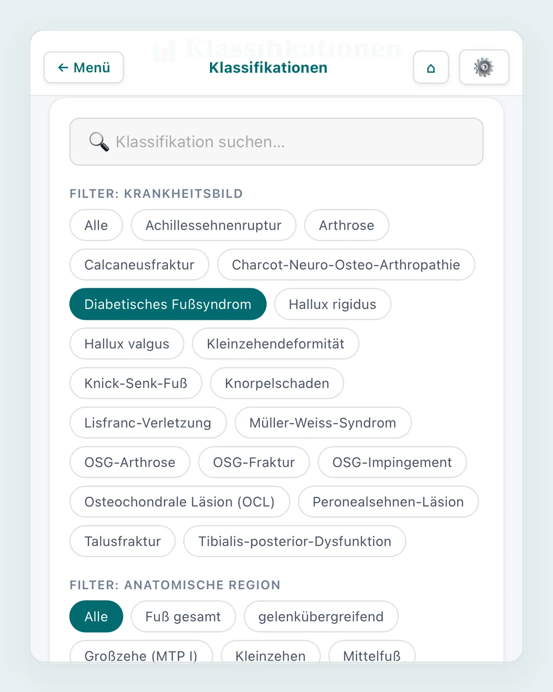 Klassifikationsliste mit Filtern nach Krankheitsbild und Region
