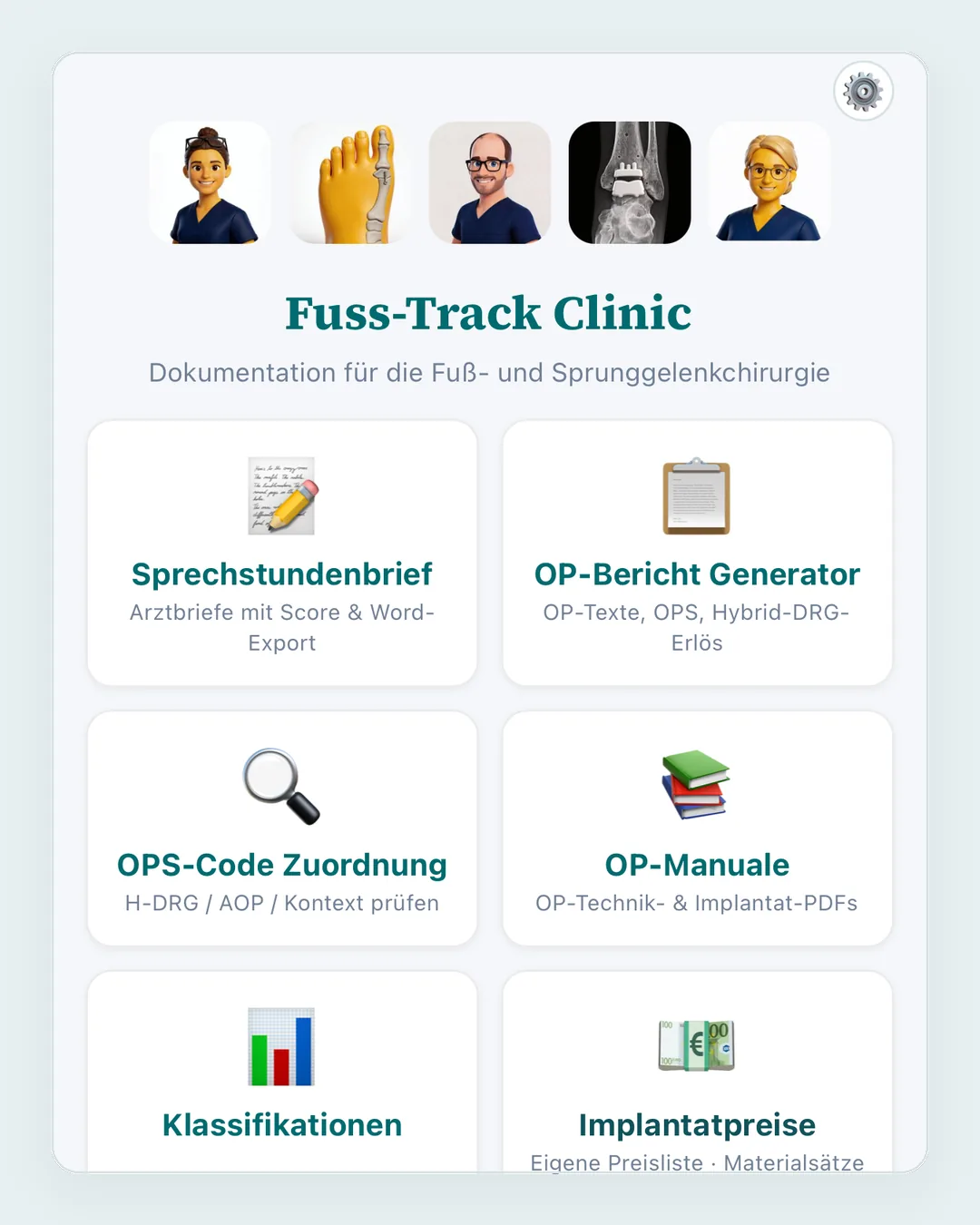 Hauptmenü von Fuss-Track Clinic mit den acht Werkzeugen