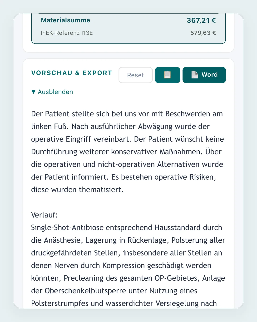 Fertiger Berichtstext mit Materialsumme im Vergleich zur InEK-Referenz und Word-Export