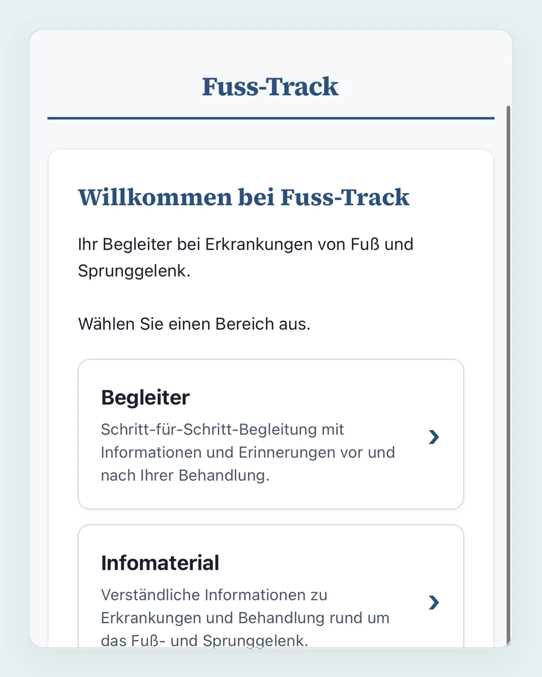Startseite der Patienten-App mit Begleiter, Infomaterial und Beschwerde-Wegweiser