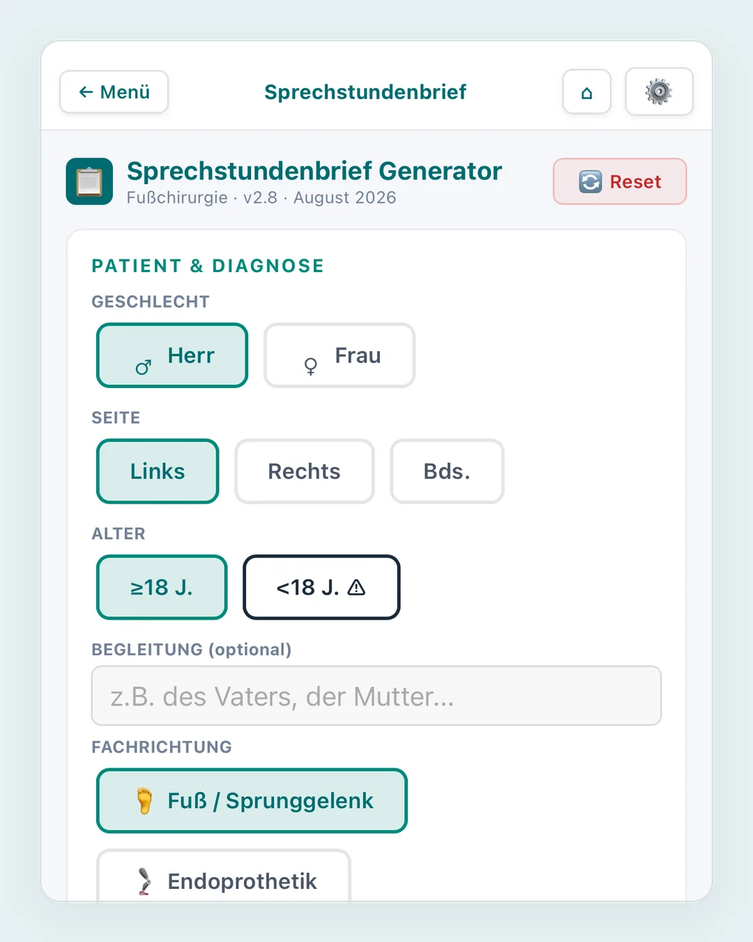 Eingabemaske des Sprechstundenbrief-Generators mit nach Vorfuß, Mittelfuß und Rückfuß gruppierten Diagnosen