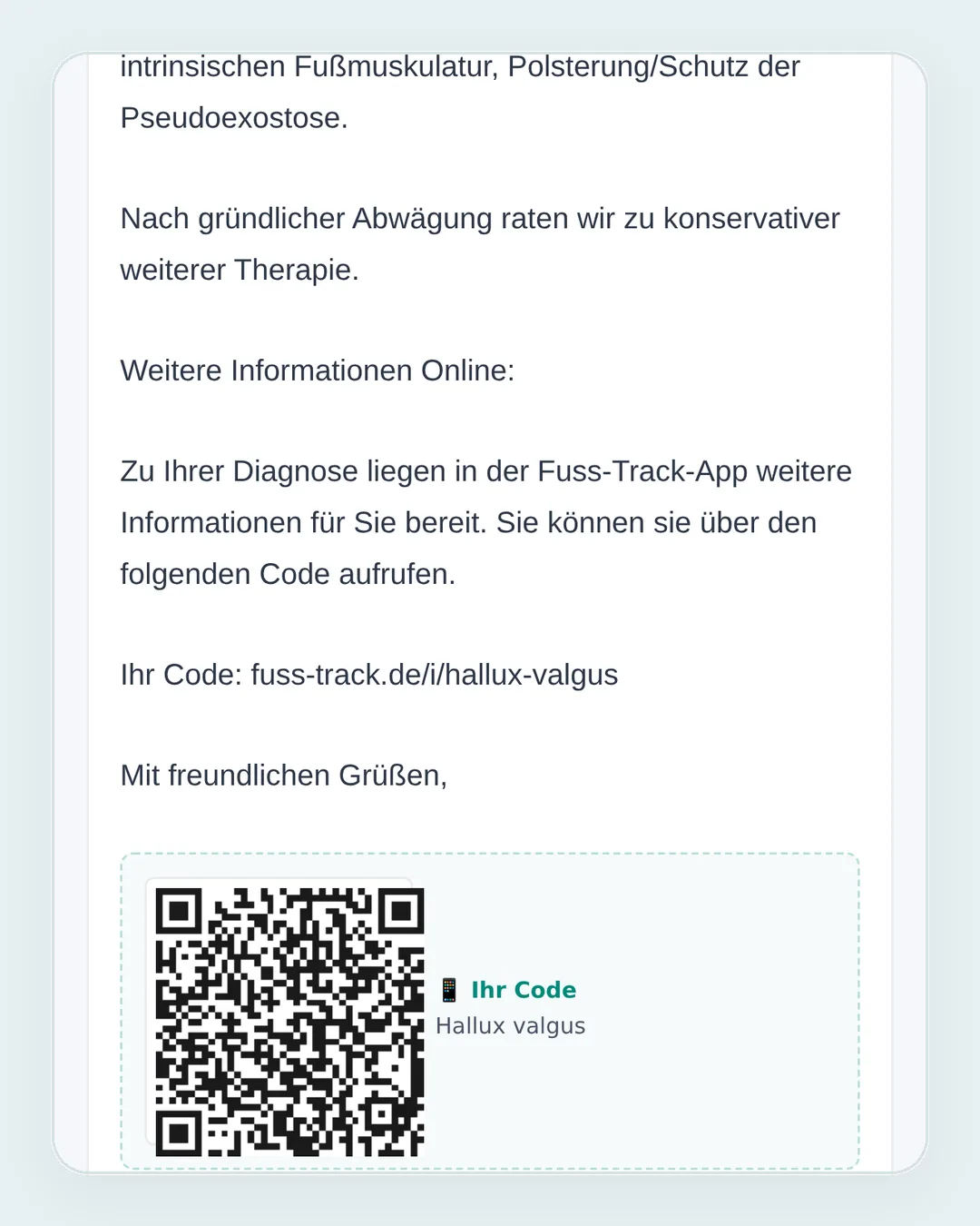 Briefschluss mit Kurzadresse und QR-Code zur Patienten-App